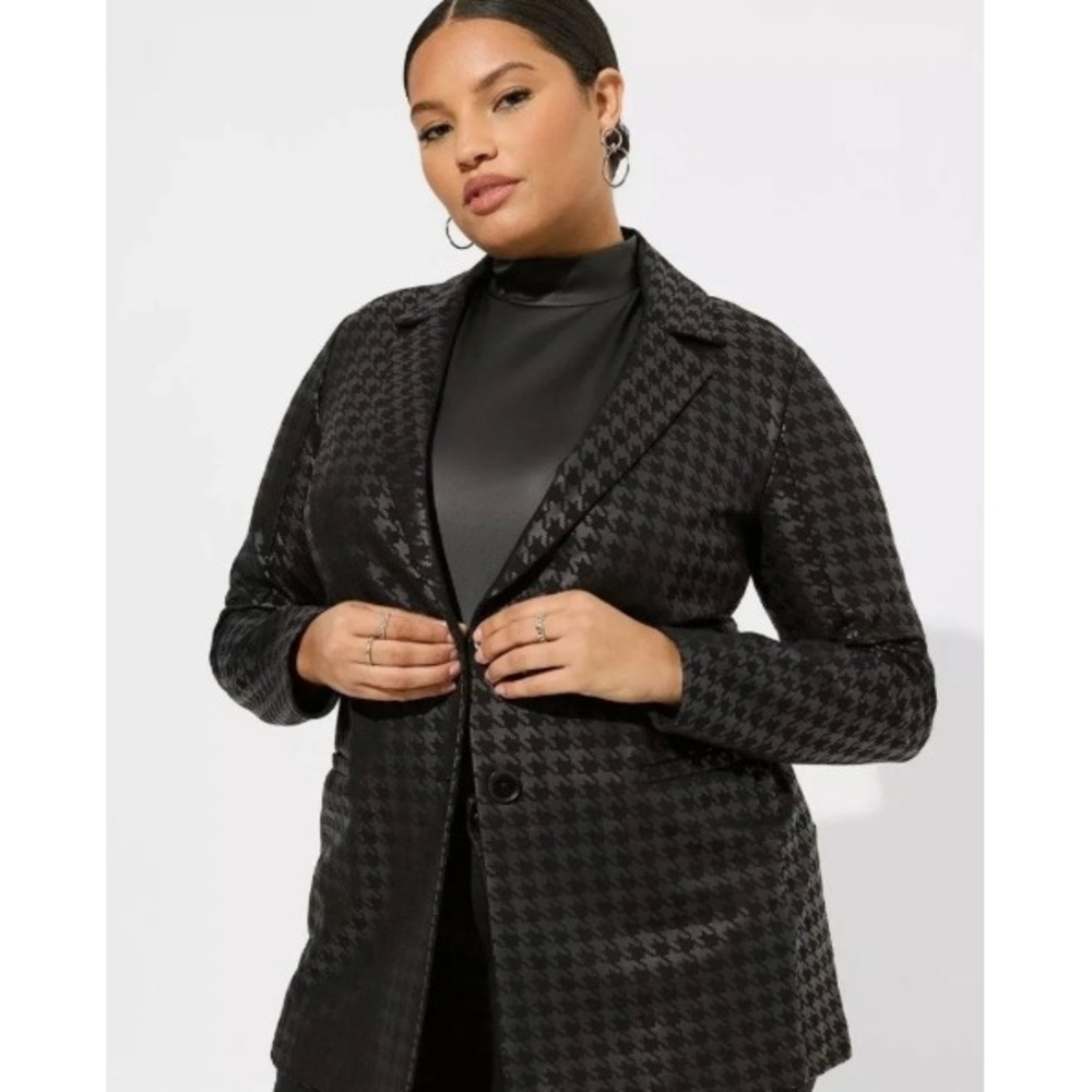 Torrid Black Satin Single Breasted Houndstooth Jacket Lightweight Blazer Shimmer